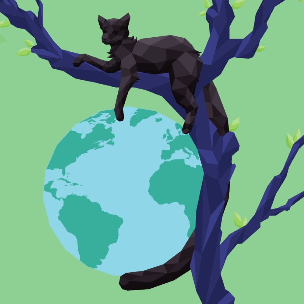 style frame with a geometric cat in a tree with a planet underneath